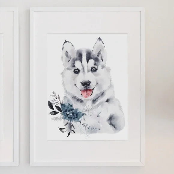 Watercolor Wall Art Husky Puppy Portrait Print Unframed - Picture 8 of 8